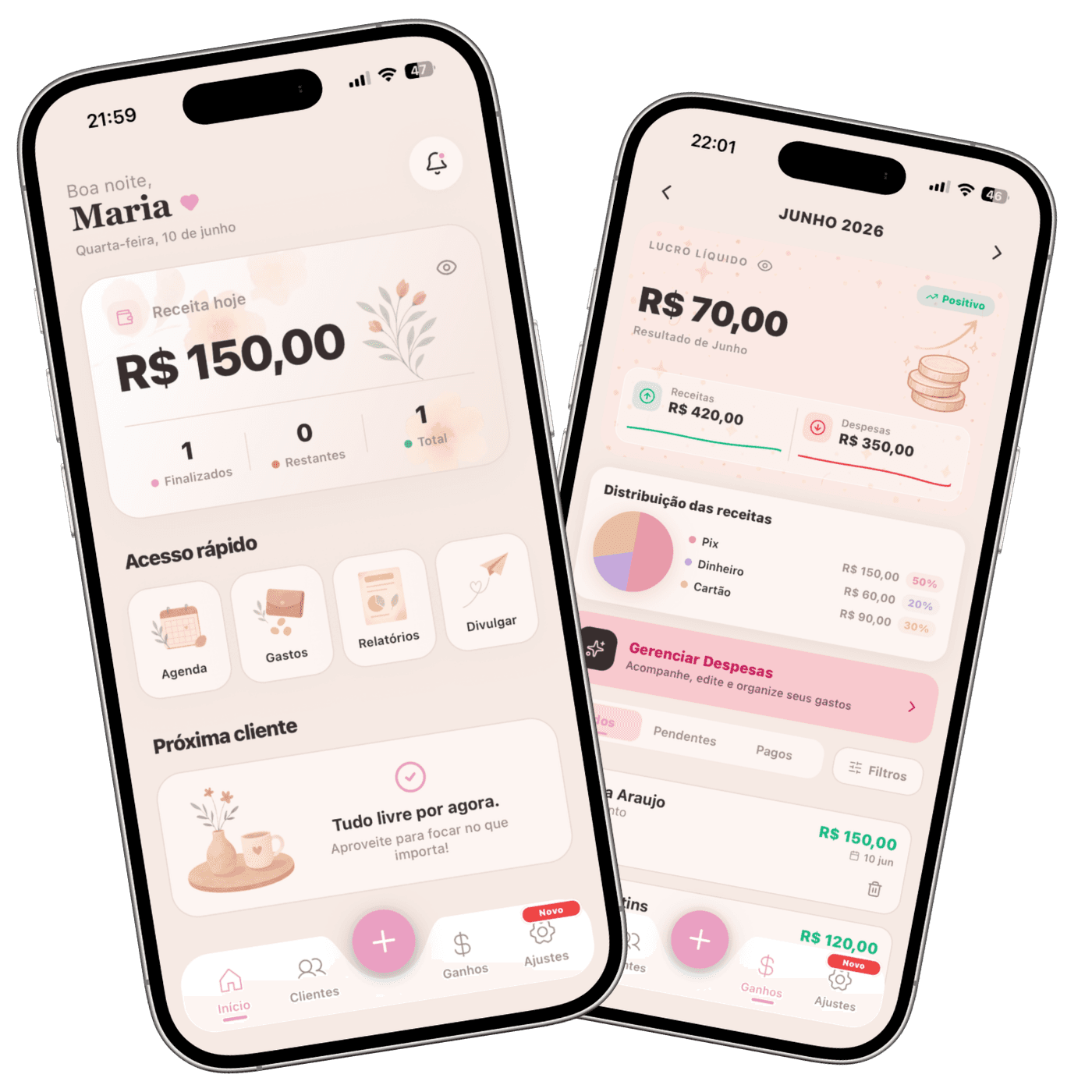 Telas do aplicativo Nail Manager em celulares